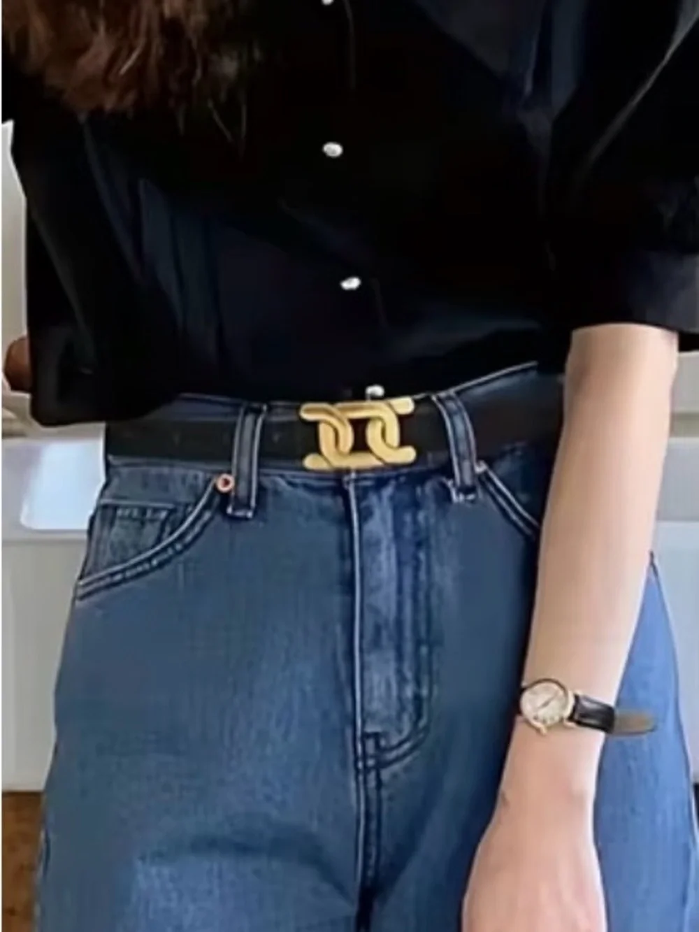 Black Leather Waist Belt with Gold Interlocking Buckle - Women